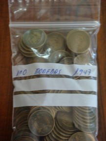 Bolsa 100 monedas 1 PESETA 1947, Franco, cobre, calidad MBC